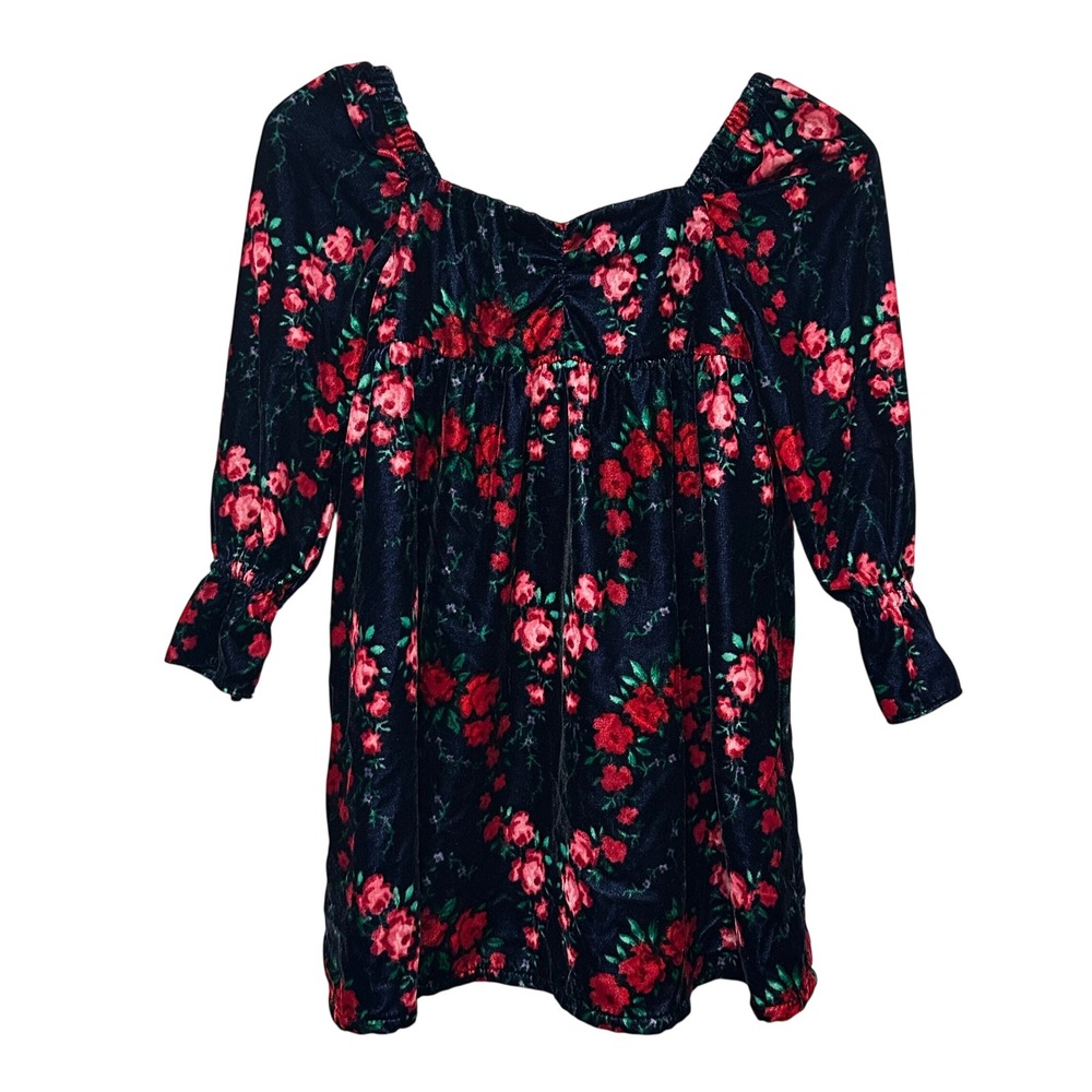 Janie and Jack Floral Velvet Dress Girls 5 Navy Red Rose Empire Waist Holiday